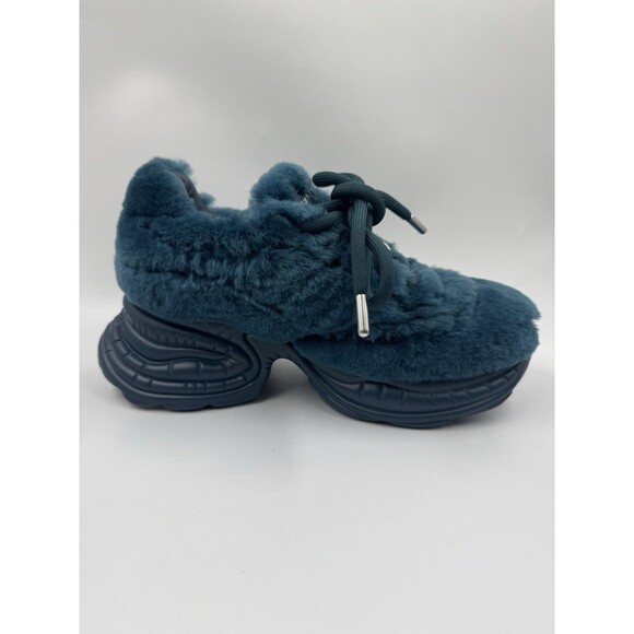 Sadi Studios Teal Blue Fur Pop Leather Sneakers Chunky Sole Platforms Size 6 - Picture 13 of 16